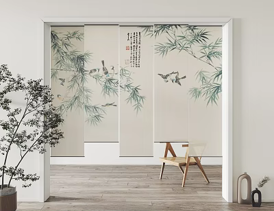 Chinese Style Window Blinds with Bamboo Leaves and Bird Patterns in Interior Design 3d model