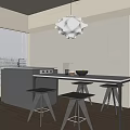 Modern Dining Table Set With Bar Stools Kitchen Cabinets And Pendant Light 3d model