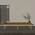 Modern Brown Sofa Bench With Wooden Legs Black Vase Plant Room Divider And Shadow Wall