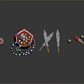 Weapons Display Featuring Crossed Knives Wooden Handled Red Grenades And Red Blue Throwing Balls