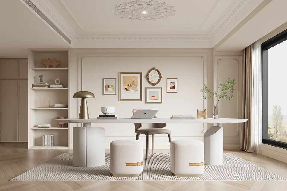 Elegant Study Room Interior With Framed Paintings Clock Table Lamp And Laptop 3d model 