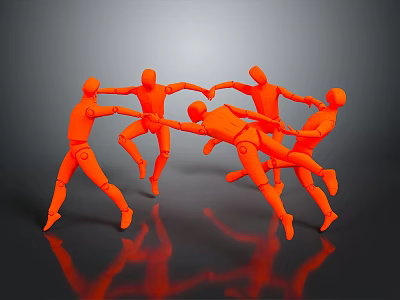 Orange Human Figures Holding Hands In Circle With Leaping Poses On Gray Reflective Floor 3d model
