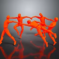 Orange Human Figures Holding Hands In Circle With Leaping Poses On Gray Reflective Floor