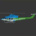 Blue and Green Helicopter with White Rotors and Reflective Body Surface Design