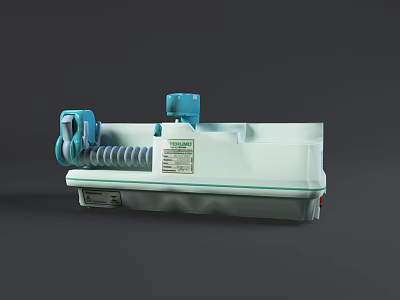 Medical Equipment With White Body Blue Components Coiled Tube And Label 3d model