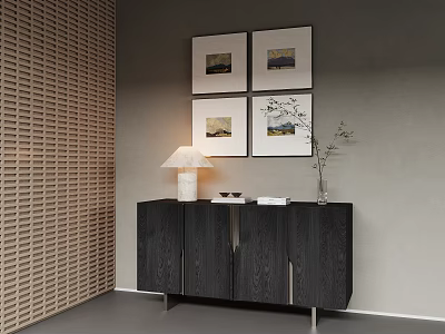 Black Modern Console Side Cabinet With Four Framed Artworks Table Lamp Vase And Woven Partition 3d model