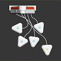 White Tech Device With Red Accent And Hanging Triangular Components With Blue Logos