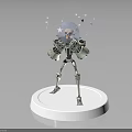 Robot Character With Blue Glowing Head Floating Stars And Musical Notes On White Circular Base