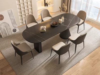 Oval Black Marble Top Dining Table Set with Six Grey Chairs in Modern Interior 3d model