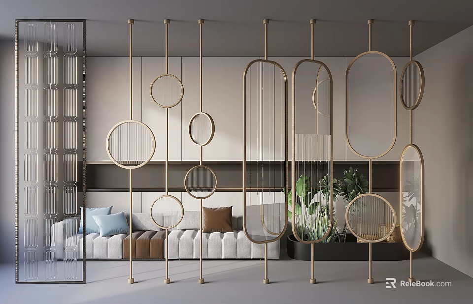 Modern Room Divider With Circular Oval Elements And Metal Mesh Design In Interior 3d model 
