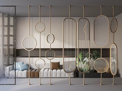 Modern Room Divider With Circular Oval Elements And Metal Mesh Design In Interior 3d model