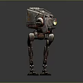 Rusty Metal Robot With Four Mechanical Legs And Yellow Head Light