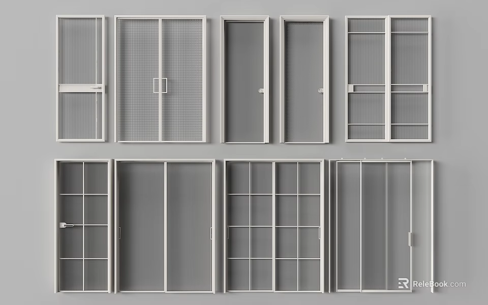 Sliding Doors With Multiple Frame Styles And Glass Grid Patterns For Home Interior Design 3d model 