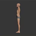 Shirtless Bald Man With Gray Shorts And Barefoot Standing In White Background