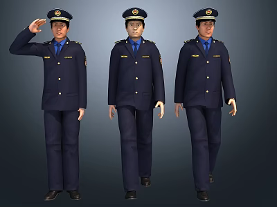 077 security guards have animations, bones, police, urban management, public security administrators, military administrators walk and salute in situ standby character animations 3d model