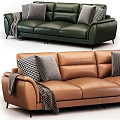 Modern Green And Brown Leather Two Seater Sofas With Plush Pillows And Cozy Throws 3d model
