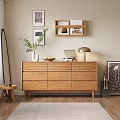 Modern Wooden Entryway Console Cabinet With Decorative Wall Shelf Green Plant And Table Lamp