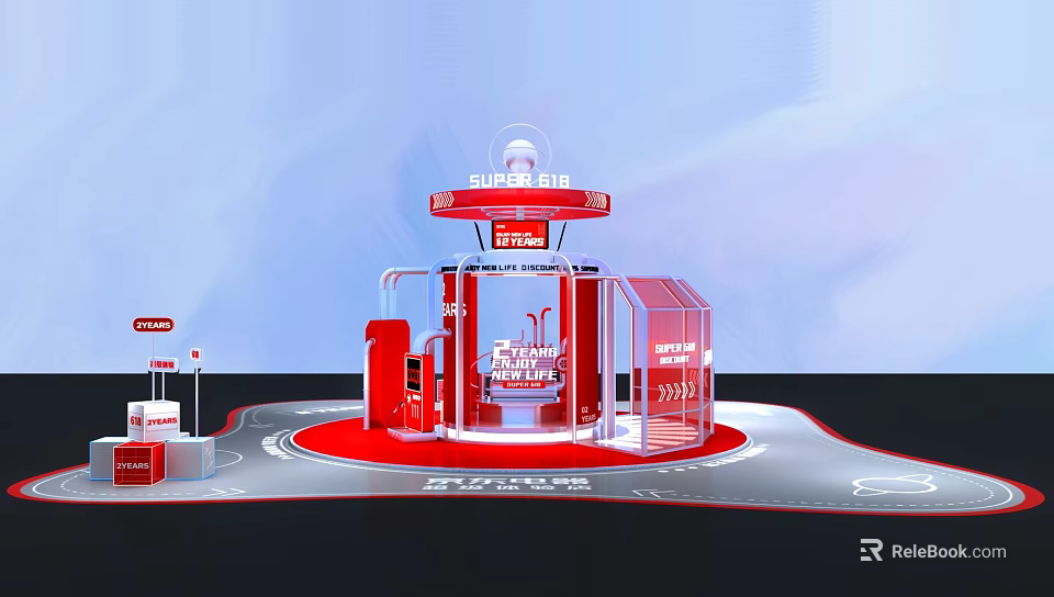 Modern Red Fashion Exhibition Booth With Circular Design And White Structure 3d model