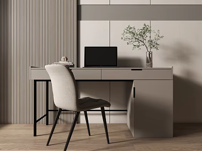 Modern Light Gray Desk with Black Laptop Green Plant Vase and Chair 3d model
