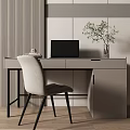 Modern Light Gray Desk with Black Laptop Green Plant Vase and Chair
