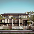 Modern Two Story Townhouse Exterior With Balconies Greenery Surrounding Trees And Stone Fence