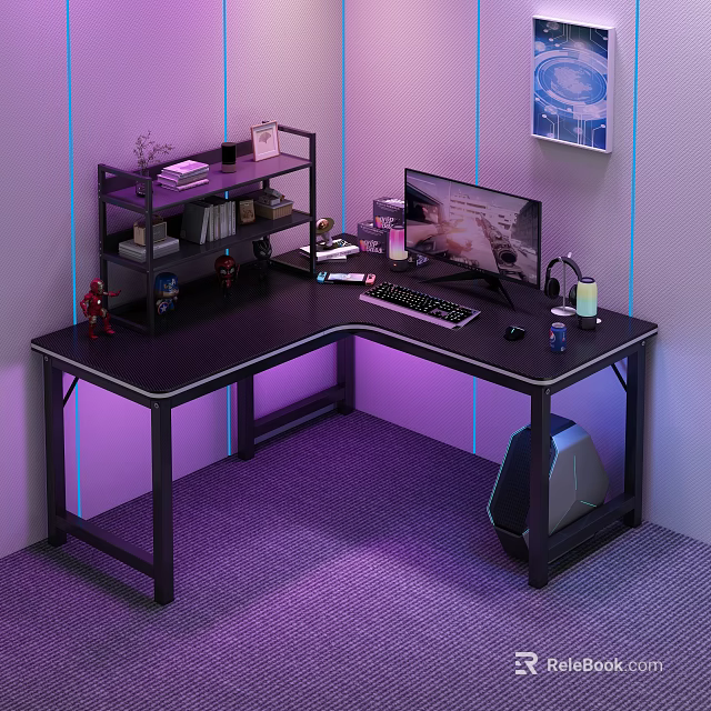 Modern Corner Gaming Desk Setup with Purple Lighting Computer Monitor Keyboard and Iron Man Figure 3d model 