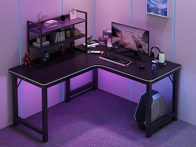 Modern Corner Gaming Desk Setup with Purple Lighting Computer Monitor Keyboard and Iron Man Figure 3d model