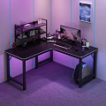 Modern Corner Gaming Desk Setup with Purple Lighting Computer Monitor Keyboard and Iron Man Figure