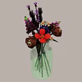 Green Glass Vase with Orange Purple Flowers Brown Decorative Elements and Green Leaves