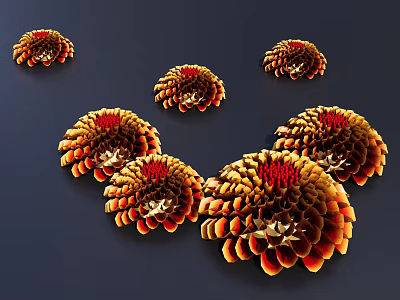 Layered Vibrant Orange Red Yellow Flowers with Ruffled Petals on Dark Blue Background 3d model
