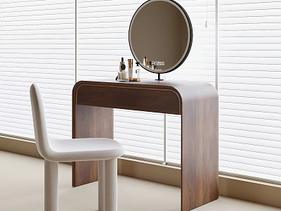 Modern Wooden Dressing Table With Round Mirror White Chair And Cosmetic Products Near Window Blinds 3d model