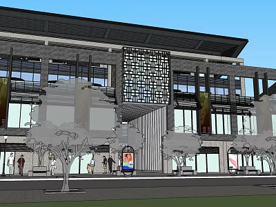 Modern Commercial Building Exterior Featuring Glass Windows Decorative Grille Trees Benches And Pedestrians 3d model