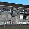 Modern Commercial Building Exterior Featuring Glass Windows Decorative Grille Trees Benches And Pedestrians