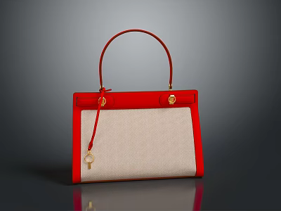 Stylish Red and Beige Handbag with Canvas Body Golden Handle and Small Key Charm 3d model