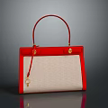 Stylish Red and Beige Handbag with Canvas Body Golden Handle and Small Key Charm