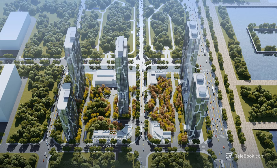 Aerial View of Modern Urban Planning With High Rise Buildings Lush Greenery and Tree Lined Roads 3d model 