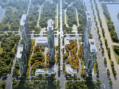 Aerial View of Modern Urban Planning With High Rise Buildings Lush Greenery and Tree Lined Roads 3d model