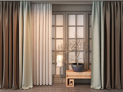 Elegant Brown Beige and Light Green Window Curtains for Home Interior Decoration 3d model