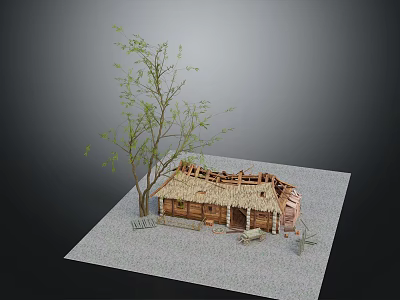 Small Tree With Green Leaves Next To Thatched Roof Cottage Model On Gray Gravel Ground 3d model