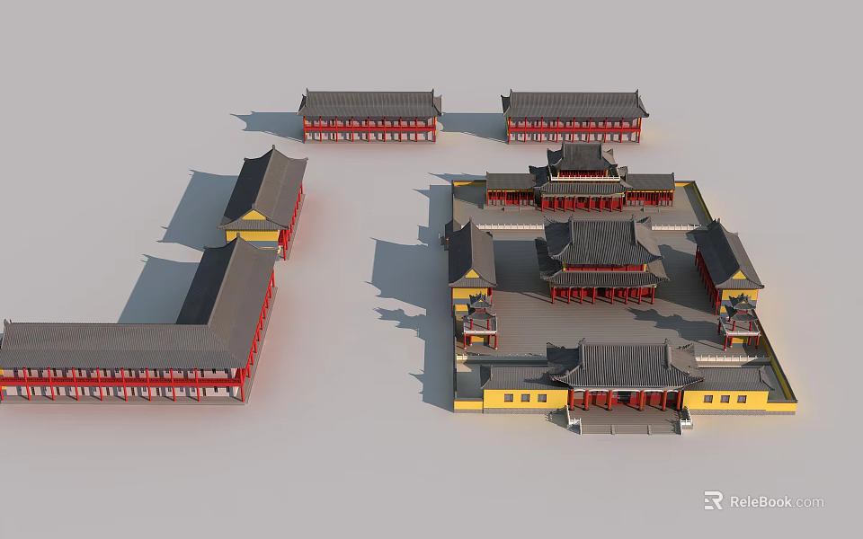 Traditional Ancient Chinese Architectural Complex With Classic Courtyard And Red Yellow Facades 3d model 