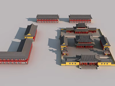 Traditional Ancient Chinese Architectural Complex With Classic Courtyard And Red Yellow Facades 3d model