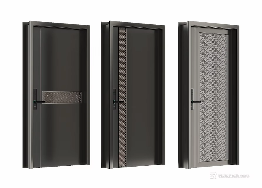Modern Security Doors With Three Different Black Metal Textured Panel Designs 3d model