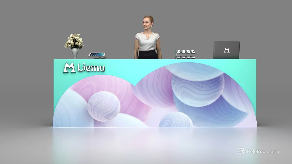 Modern Liemu Reception Desk with Colorful Wave Pattern Flower Vase Laptop and Receptionist 3d model 