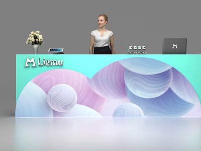 Modern Liemu Reception Desk with Colorful Wave Pattern Flower Vase Laptop and Receptionist 3d model