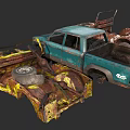 Rusted Abandoned Trucks With Damaged Parts In Junkyard Blue And Yellow