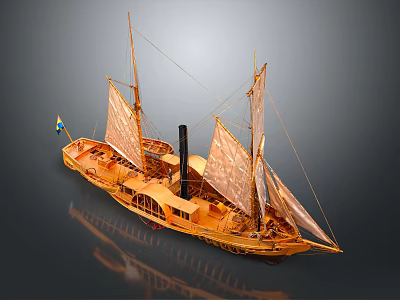 Antique Wooden Sailing Ship Model With Canvas Sails Chimney Flag And Hull Details 3d model