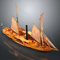 Antique Wooden Sailing Ship Model With Canvas Sails Chimney Flag And Hull Details