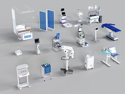 Various Medical Devices Including Hospital Beds Monitors IV Stands X-ray Machines and Surgical Tables 3d model