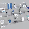 Various Medical Devices Including Hospital Beds Monitors IV Stands X-ray Machines and Surgical Tables