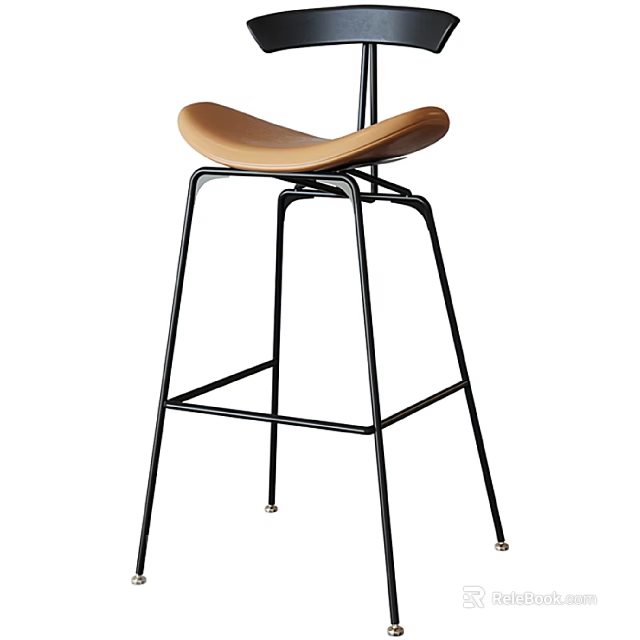Modern Bar Stool With Black Metal Frame And Comfortable Brown Leather Seat 3d model 